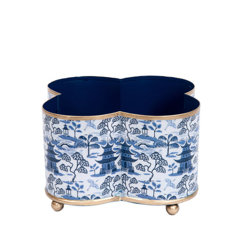 Enameled White and Blue Quatrefoil Cachepot For Bedroom / Office / Kitchen / Living Room  - Metal Construction 7 in x 7 in x 5 in - The Kyoto Pagoda Collection