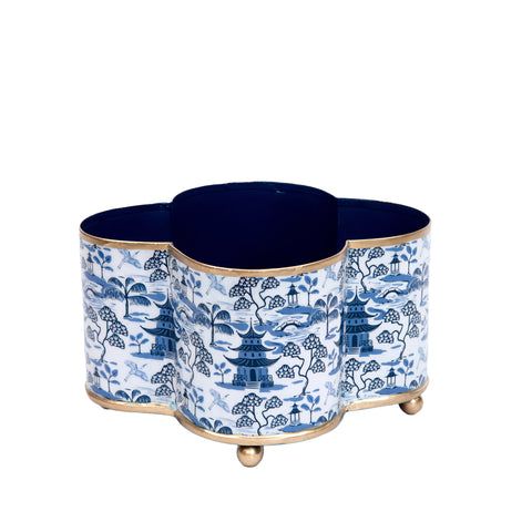 Enameled White and Blue Quatrefoil Cachepot For Bedroom / Office / Kitchen / Living Room  - Metal Construction 7 in x 7 in x 5 in - The Kyoto Pagoda Collection