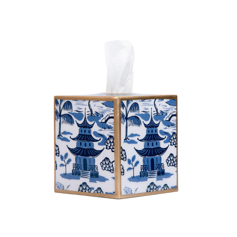 Enameled White and Blue Square Tissue Box Cover for Bathroom/Bedroom/Living room - Kyoto Pagoda Collection