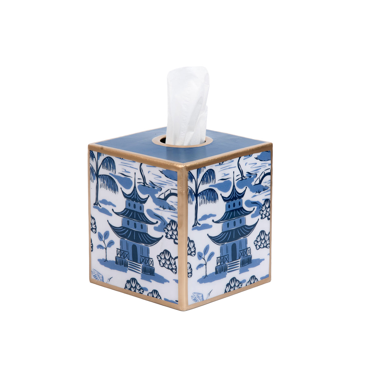 Enameled White and Blue Square Tissue Box Cover for Bathroom/Bedroom/Living room - Kyoto Pagoda Collection