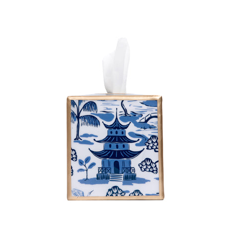 Enameled White and Blue Square Tissue Box Cover for Bathroom/Bedroom/Living room - Kyoto Pagoda Collection