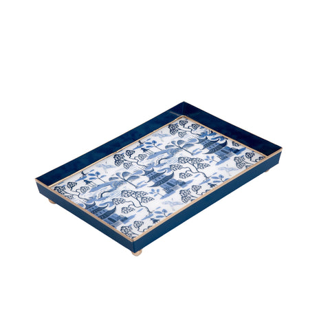 White & Blue Enameled Vanity / Bedside / Catch All  Tray  with with Convienent Handles - made from High-Quality Metal- designed by Lilibridge -The Kyoto Pagoda Collection Collection 8 x 12 x 1