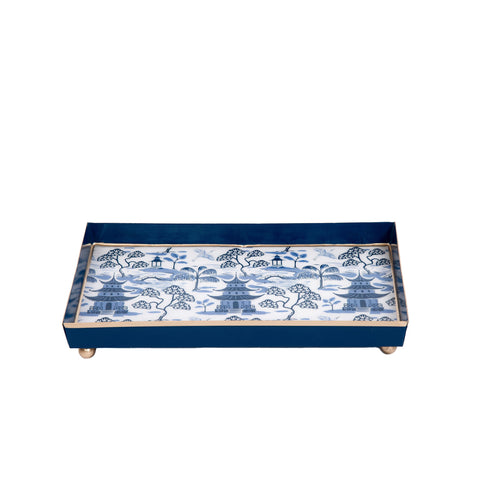 White & Blue Enameled Vanity / Bedside / Catch All  Tray  with with Convienent Handles - made from High-Quality Metal- designed by Lilibridge -The Kyoto Pagoda Collection Collection 8 x 12 x 1