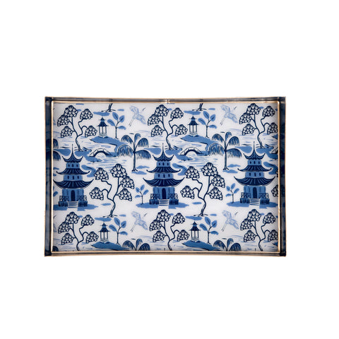 White & Blue Enameled Vanity / Bedside / Catch All  Tray  with with Convienent Handles - made from High-Quality Metal- designed by Lilibridge -The Kyoto Pagoda Collection Collection 8 x 12 x 1