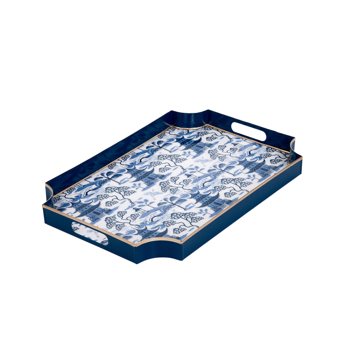 White & Blue Enameled Serving / Bar Tray with with Convienent Handles - made from High-Quality Metal- designed by Lilibridge -The Kyoto Pagoda Collection Collection 12 x 18 x 2