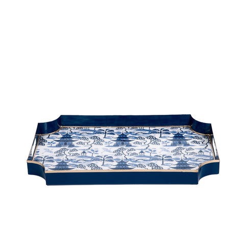 White & Blue Enameled Serving / Bar Tray with with Convienent Handles - made from High-Quality Metal- designed by Lilibridge -The Kyoto Pagoda Collection Collection 12 x 18 x 2