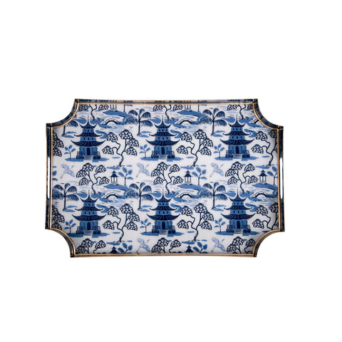 White & Blue Enameled Serving / Bar Tray with with Convienent Handles - made from High-Quality Metal- designed by Lilibridge -The Kyoto Pagoda Collection Collection 12 x 18 x 2