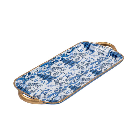 White & Blue Enameled Serving / Vanity / Platter Tray with with Convienent Handles - made from High-Quality Metal- designed by Lilibridge -The Kyoto Pagoda Collection Collection 7.5 x 17