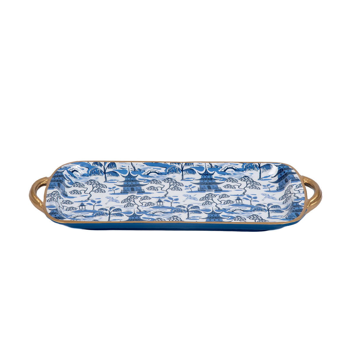 White & Blue Enameled Serving / Vanity / Platter Tray with with Convienent Handles - made from High-Quality Metal- designed by Lilibridge -The Kyoto Pagoda Collection Collection 7.5 x 17