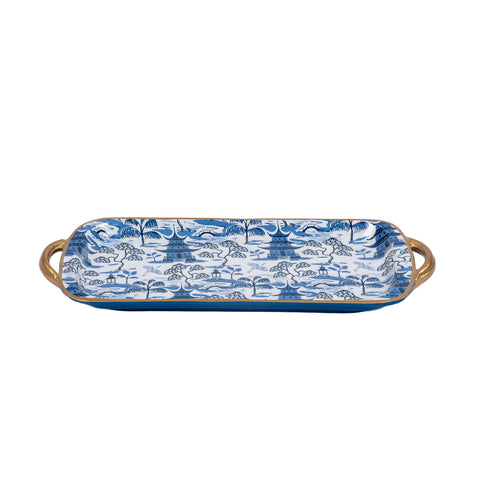 White & Blue Enameled Serving / Vanity / Platter Tray with with Convienent Handles - made from High-Quality Metal- designed by Lilibridge -The Kyoto Pagoda Collection Collection 7.5 x 17