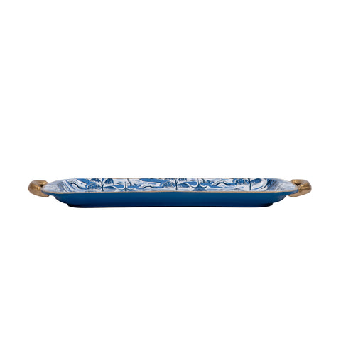 White & Blue Enameled Serving / Vanity / Platter Tray with with Convienent Handles - made from High-Quality Metal- designed by Lilibridge -The Kyoto Pagoda Collection Collection 7.5 x 17