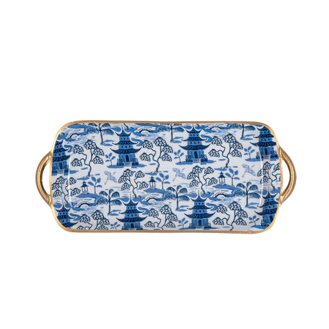 White & Blue Enameled Serving / Vanity / Platter Tray with with Convienent Handles - made from High-Quality Metal- designed by Lilibridge -The Kyoto Pagoda Collection Collection 7.5 x 17