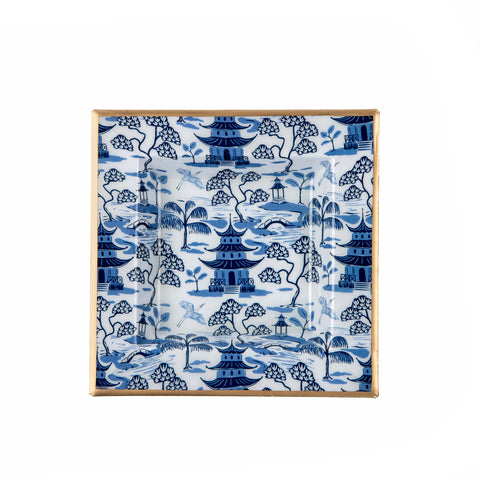 White & Blue Enameled Catch All Tray with High-Quality Metal - by Lilibridge - The Kyoto Pagoda collection 6x 6x1