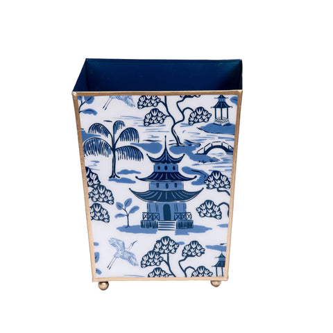 White & Blue Enameled Bathroom  / Home Office / Bedroom / Vanity / Garbage Can/ Wastecan / Wastebasket with High-Quality Metal- by Lilibridge -The Kyoto Pagoda collection