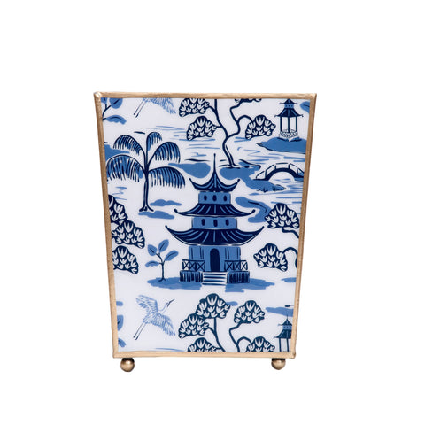 White & Blue Enameled Bathroom  / Home Office / Bedroom / Vanity / Garbage Can/ Wastecan / Wastebasket with High-Quality Metal- by Lilibridge -The Kyoto Pagoda collection