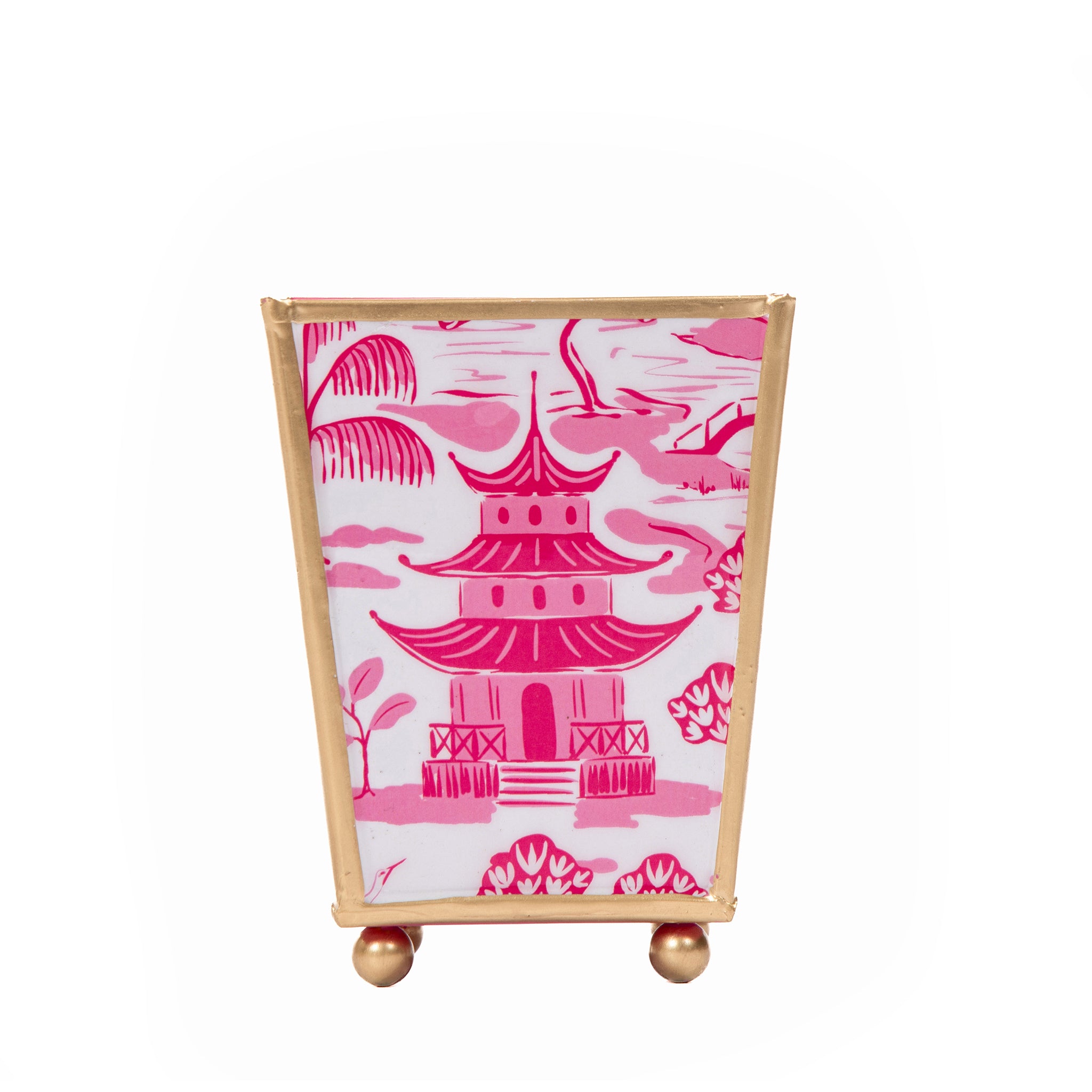 Kyoto Pagoda Enameled Square Cachepot Planter - White & Pink - Avail 02/21