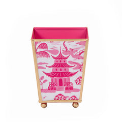 Kyoto Pagoda Enameled White and Pink Square Metal Cachepot for Bedroom, Office, Kitchen or Living Room