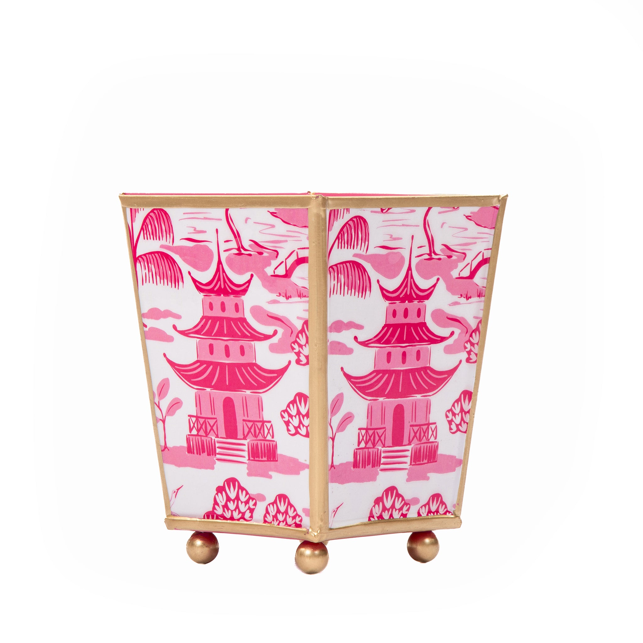 Kyoto Pagoda Enameled Square Cachepot Planter - White & Pink - Avail 02/21