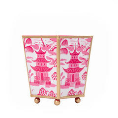 Kyoto Pagoda Enameled White and Pink Square Metal Cachepot for Bedroom, Office, Kitchen or Living Room