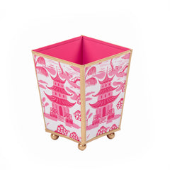 Kyoto Pagoda Enameled White and Pink Square Metal Cachepot for Bedroom, Office, Kitchen or Living Room