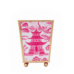 Kyoto Pagoda Enameled White and Pink Square Metal Cachepot for Bedroom, Office, Kitchen or Living Room