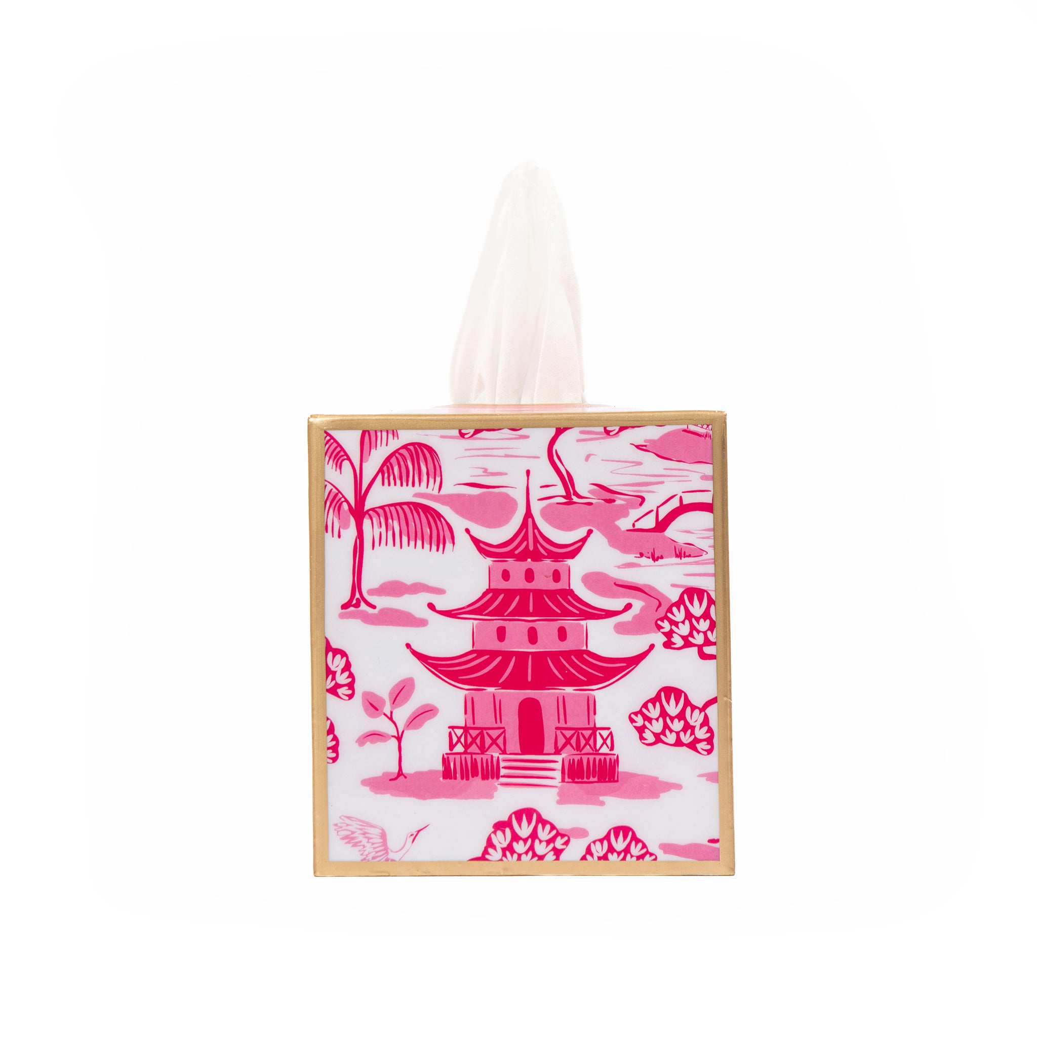 Enameled White and Pink Square Tissue Box Cover for Bathroom / Bedroom / Living room  - 6 in x 5 in x 5 in - The Kyoto Pagoda Collection