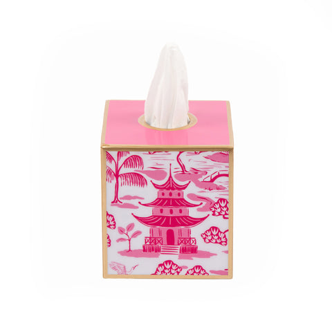 Enameled White and Pink Square Tissue Box Cover for Bathroom / Bedroom / Living room  - 6 in x 5 in x 5 in - The Kyoto Pagoda Collection