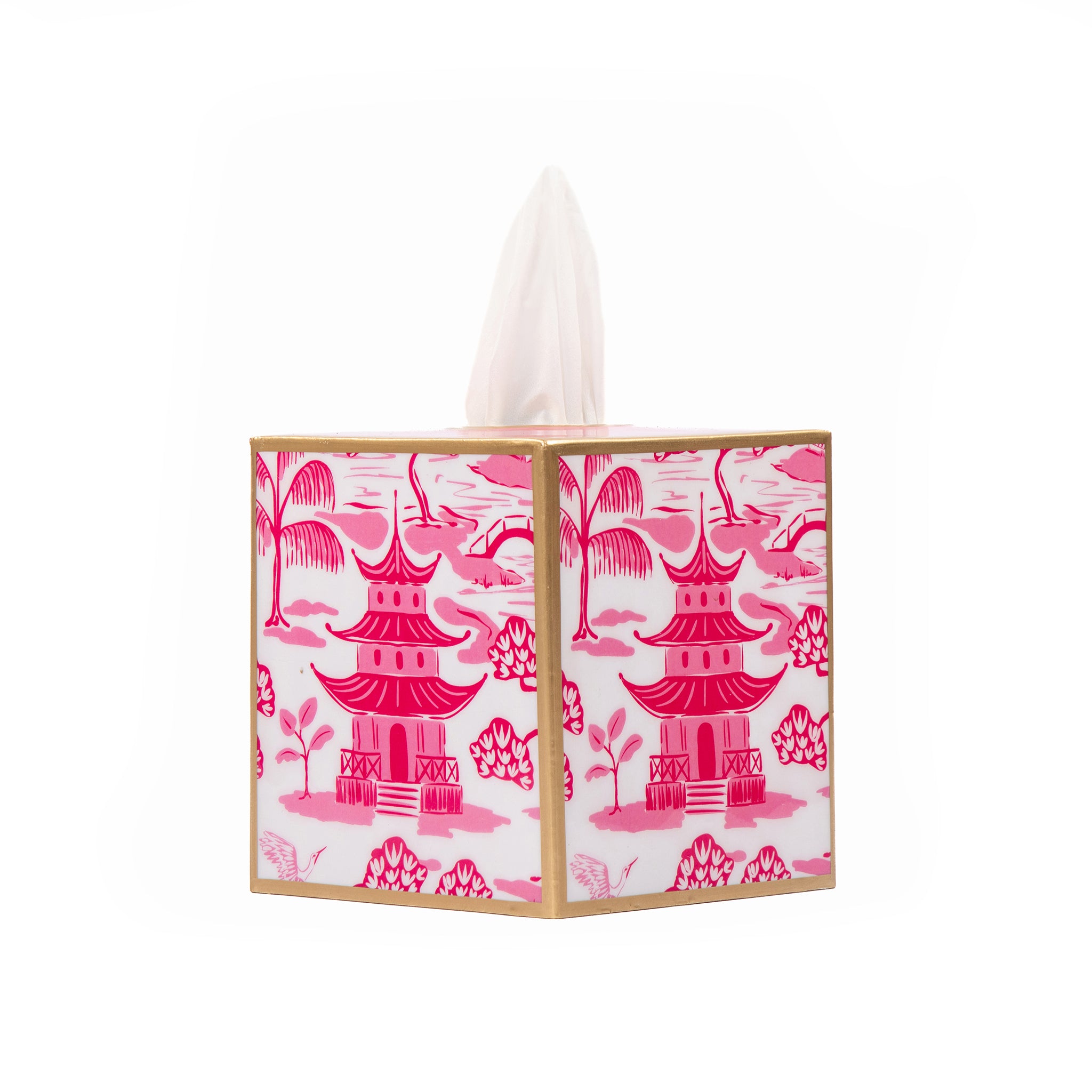 Enameled White and Pink Square Tissue Box Cover for Bathroom / Bedroom / Living room  - 6 in x 5 in x 5 in - The Kyoto Pagoda Collection