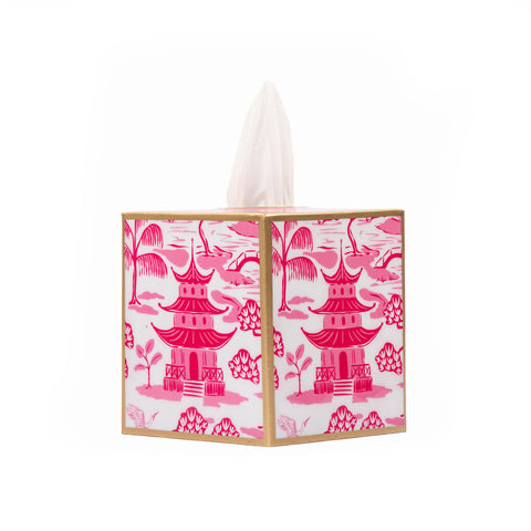 Kyoto Pagoda Enameled Tissue Box Cover - White & Pink - Avail 02/21