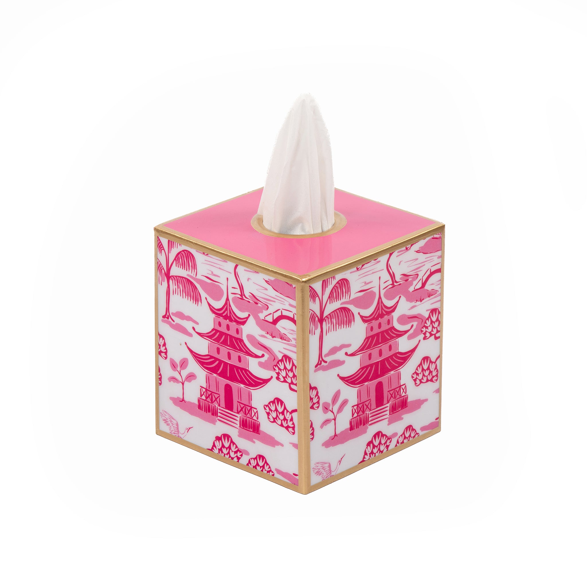 Enameled White and Pink Square Tissue Box Cover for Bathroom / Bedroom / Living room  - 6 in x 5 in x 5 in - The Kyoto Pagoda Collection