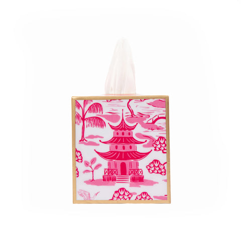 Kyoto Pagoda Enameled Tissue Box Cover - White & Pink - Avail 02/21