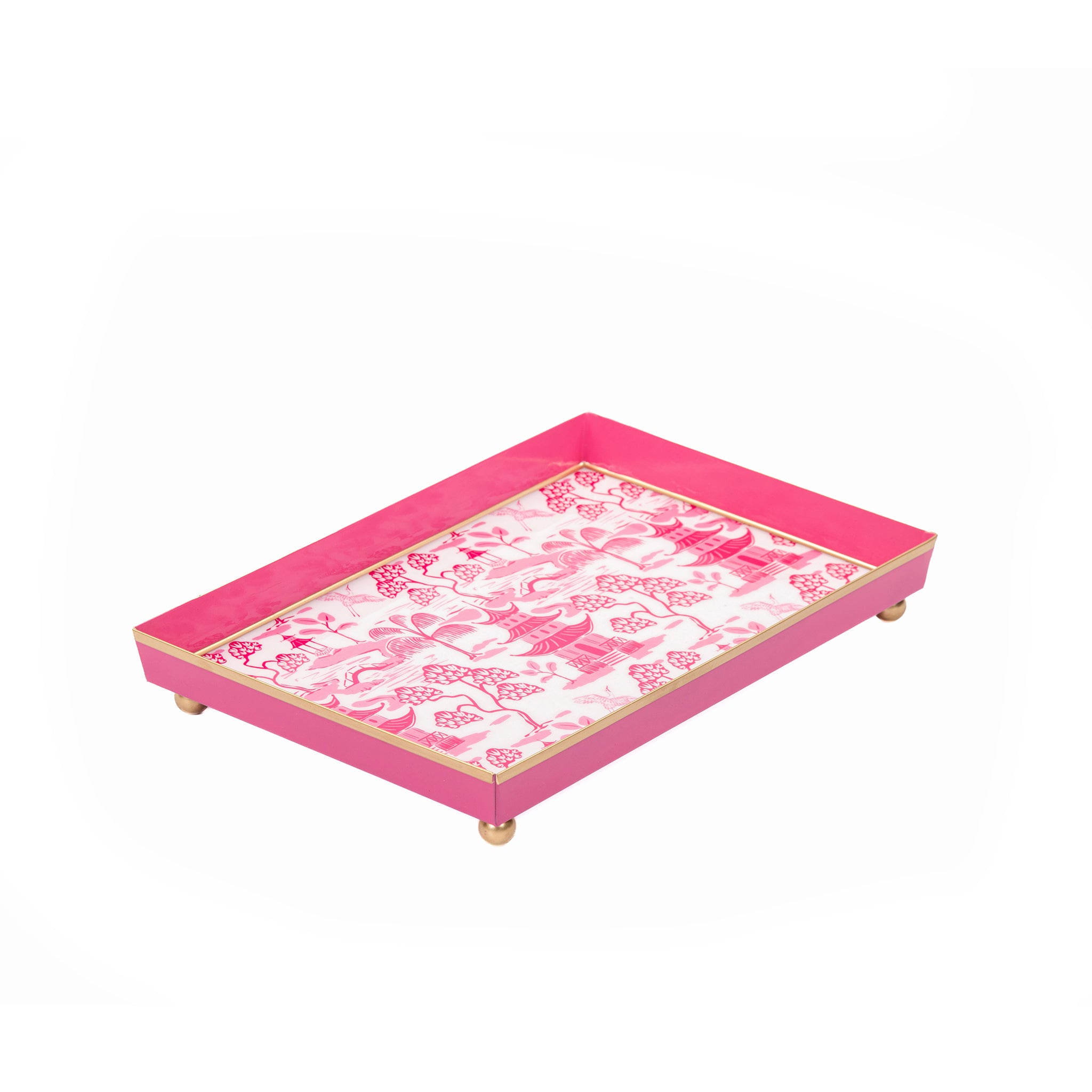 Kyoto Pagoda Enameled Oliver Tray 8x12 - White & Pink - Avail 02/21