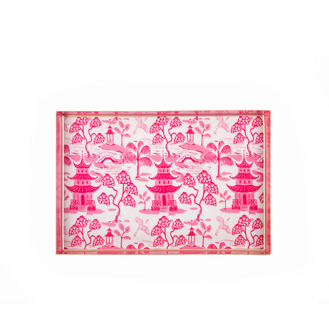 Kyoto Pagoda Enameled Oliver Tray 8x12 - White & Pink - Avail 02/21