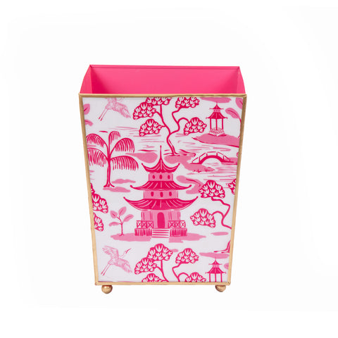 Enameled White and Pink Wastebasket / Trash Can / Dustbin for Bathroom / Home Office / Bedroom / Vanity - Square without Lid - 9 in x 9 in x 12 in - The Kyoto Pagoda Collection