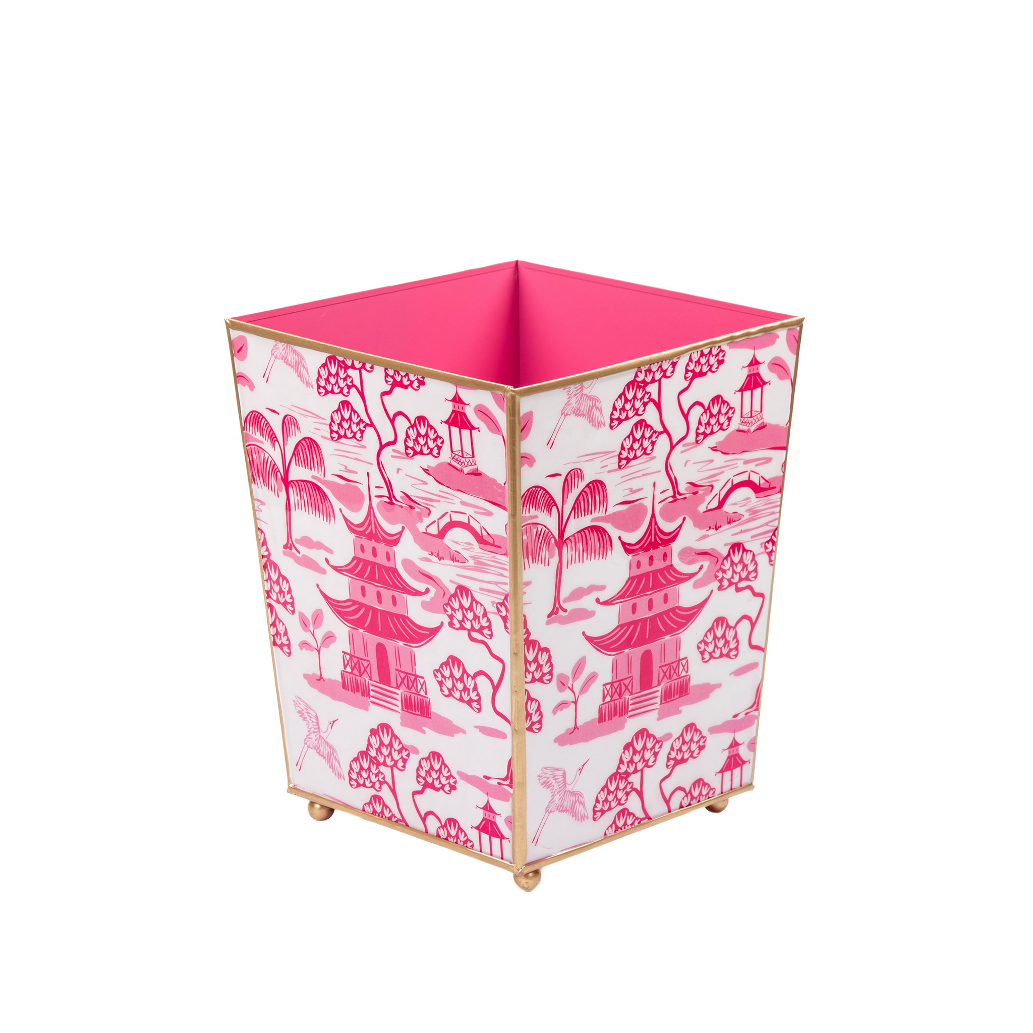 Enameled White and Pink Wastebasket / Trash Can / Dustbin for Bathroom / Home Office / Bedroom / Vanity - Square without Lid - 9 in x 9 in x 12 in - The Kyoto Pagoda Collection