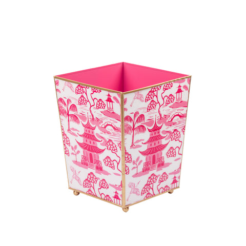 Enameled White and Pink Wastebasket / Trash Can / Dustbin for Bathroom / Home Office / Bedroom / Vanity - Square without Lid - 9 in x 9 in x 12 in - The Kyoto Pagoda Collection