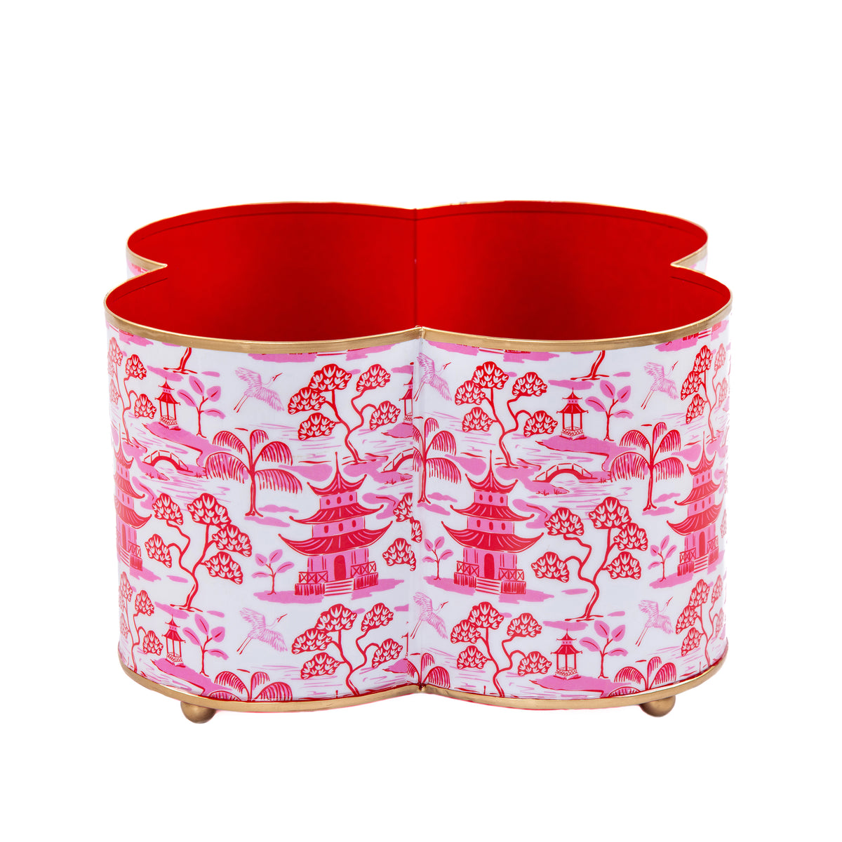 Kyoto Pagoda Enamel Quatrefoil Cachepot Planter 6x12 - White & Red - Avail 12/23