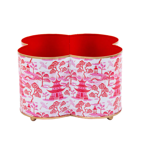 Kyoto Pagoda Enamel Quatrefoil Cachepot Planter 6x12 - White & Red - Avail 12/23