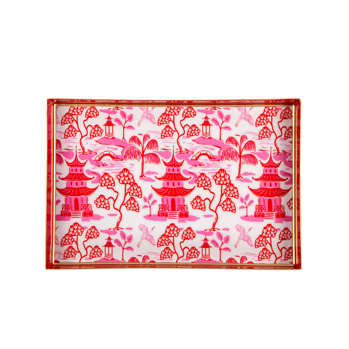 Kyoto Pagoda Enameled Oliver Tray 8x12 - White & Red - Avail 12/05