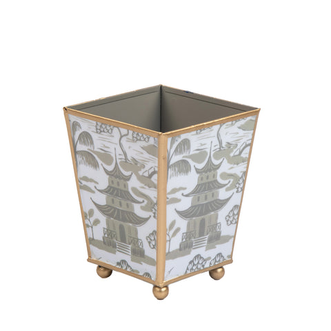 Kyoto Pagoda Enameled Square Cachepot Planter - White & Taupe - Avail 11/11