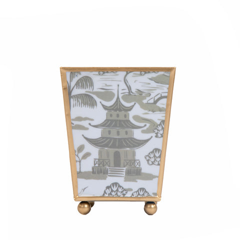 Kyoto Pagoda Enameled Square Cachepot Planter - White & Taupe