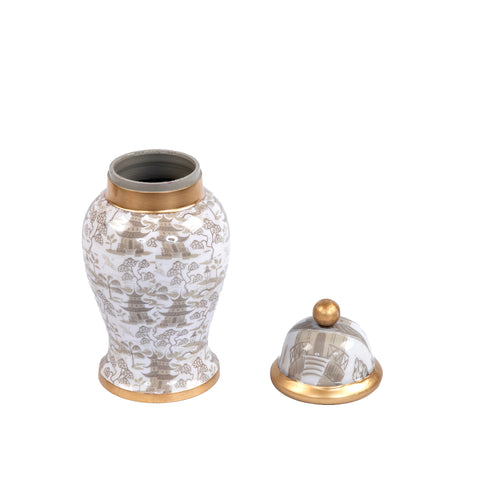 Kyoto Pagoda Ginger Jar Enameled - Petite - White & Taupe - Avail 11/11