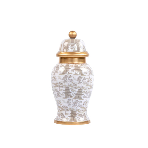 Kyoto Pagoda Ginger Jar Enameled - Petite - White & Taupe - Avail 11/11