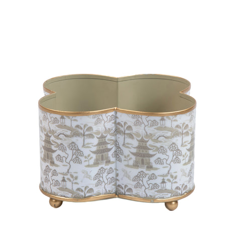 Kyoto Pagoda Enameled Quatrefoil Cachepot Planter 4x9 - White & Taupe - Avail 11/11