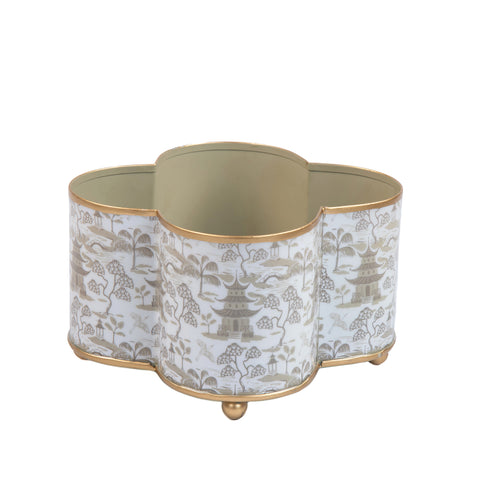 Kyoto Pagoda Enameled Quatrefoil Cachepot Planter 4x9 - White & Taupe - Avail 11/11