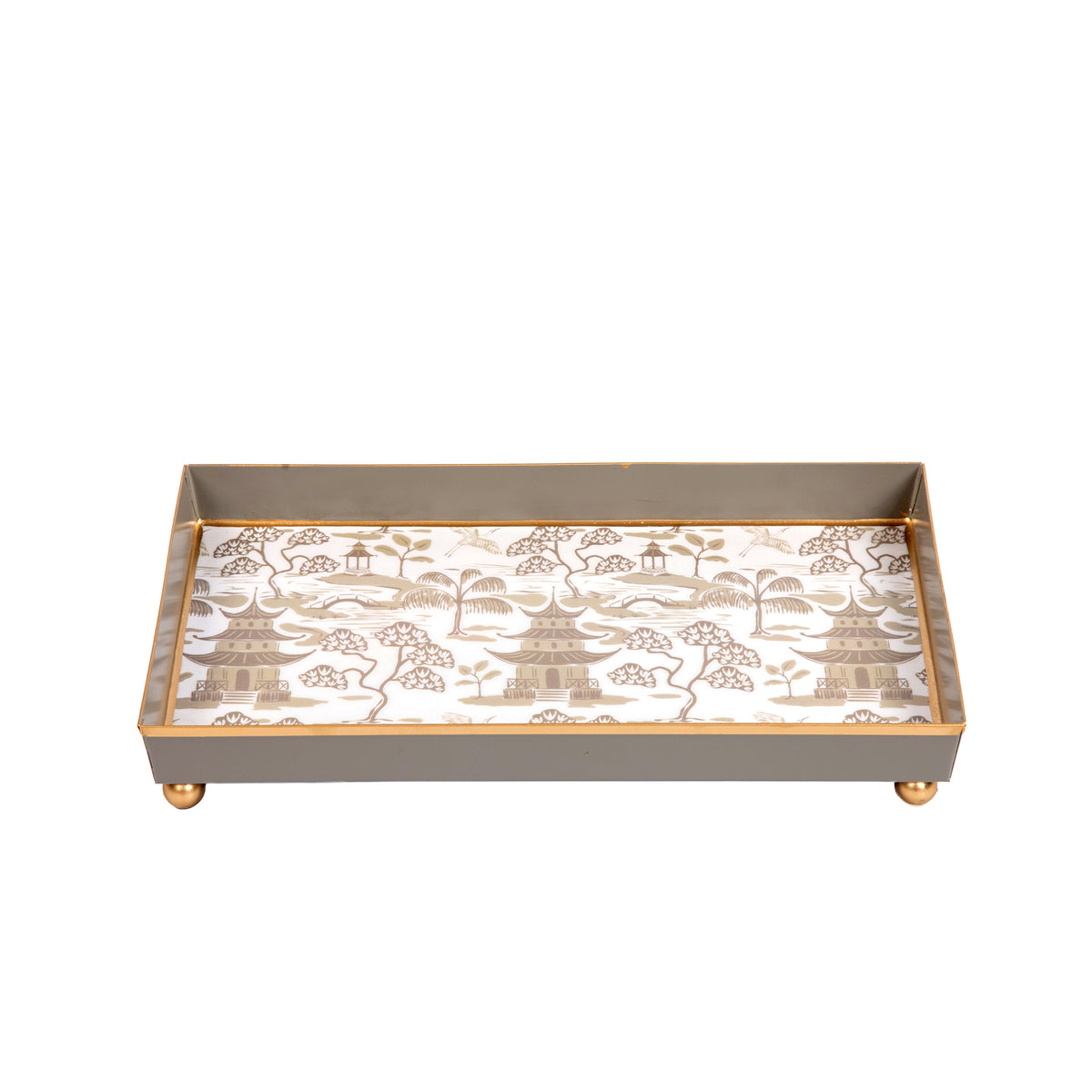 Kyoto Pagoda Enameled Oliver Tray 8x12 - White & Taupe - Avail 11/27