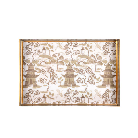 Kyoto Pagoda Enameled Oliver Tray 8x12 - White & Taupe - Avail 11/27