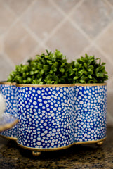 Shagreen Enameled White and Blue Quatrefoil Metal Cachepot Planter For Bedroom, Office, Kitchen and Living Room
