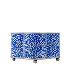Shagreen Enameled White and Blue Quatrefoil Metal Cachepot Planter For Bedroom, Office, Kitchen and Living Room