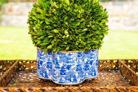 Garden Party Enameled Quatrefoil Cachepot Planter White & Blue - Avail 02/21